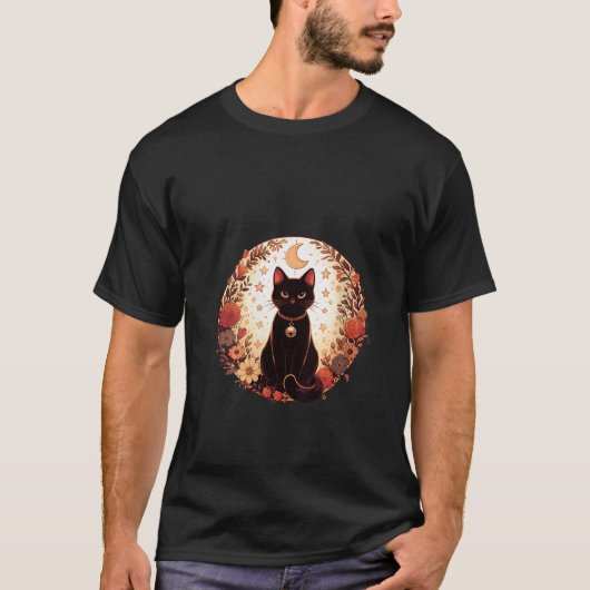 女性の秋の花のマジカルブラックキャット秋 Tシャツ (正面)