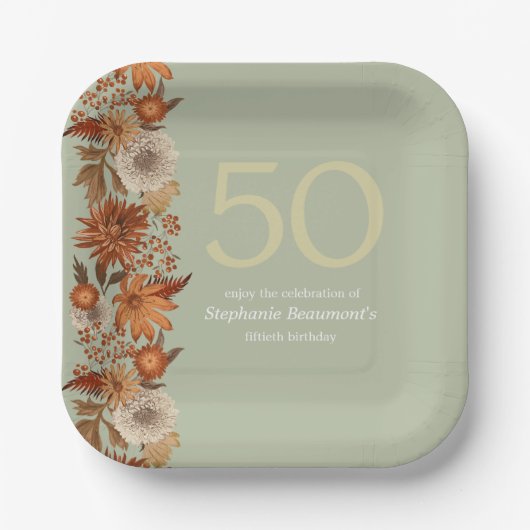 女性の秋の花サプライズ50誕生日 ペーパープレート (正面)