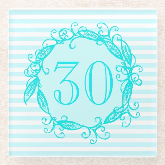 女性の第30誕生日の水の青く白い渦巻形の ガラスコースター (正面)