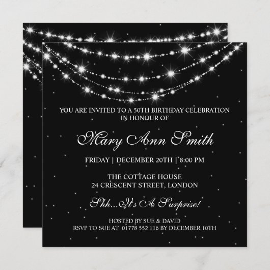 女性の第50誕生会のきらめくなチェーン黒 招待状 (正面/裏面)