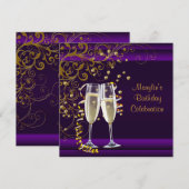 女性の紫とゴールドの誕生日パーティー 招待状 (正面/裏面)