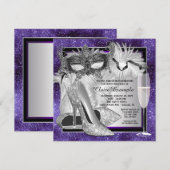 女性の紫と銀の誕生日マスカレードパーティー 招待状 (正面/裏面)