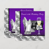 女性の紫の誕生日パーティー 招待状 (正面/裏面)