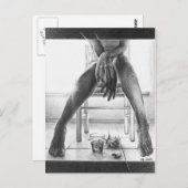 女性の脚，ガラスとバラ鉛筆スケッチアート ポストカード (正面/裏面)