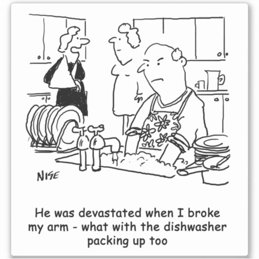 女性の腕を壊した男性は皿を洗う必要がある。おもしろい シール (正面)