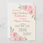 女性の花のエレガントなローズ 50歳の誕生日パーティー 招待状 (正面)