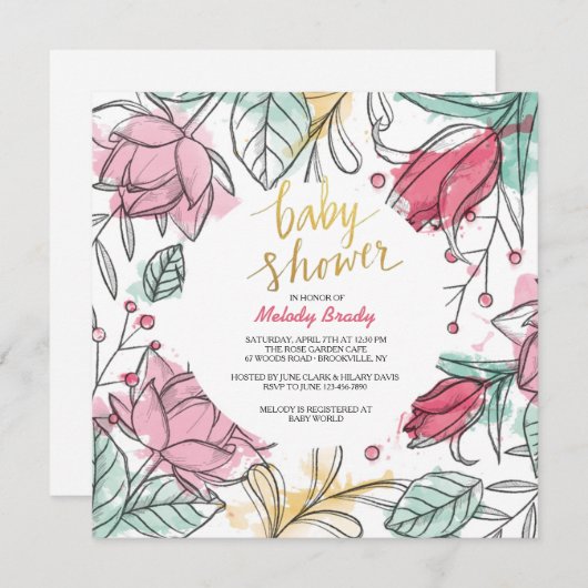 女性の花の正方形の招待状 招待状 (正面/裏面)