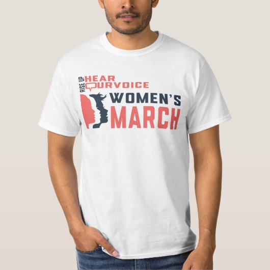 女性の行進が我々の声を聞いて上昇する Tシャツ (正面)