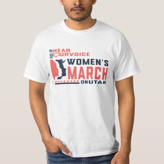 女性の行進ユタ州が上昇し、私たちの声を聞く Tシャツ (正面)