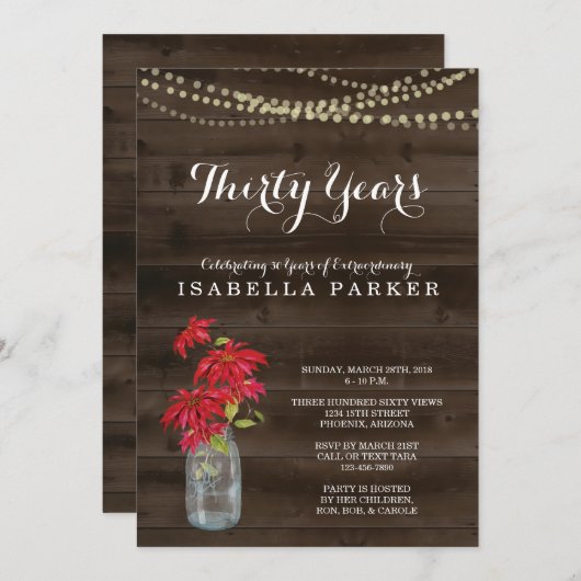 女性の誕生日の招待状|のクリスマスのポインセチア 招待状 (正面/裏面)