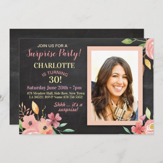 女性の誕生日パーティフォトフラワーズ素朴招待状 招待状 (正面/裏面)