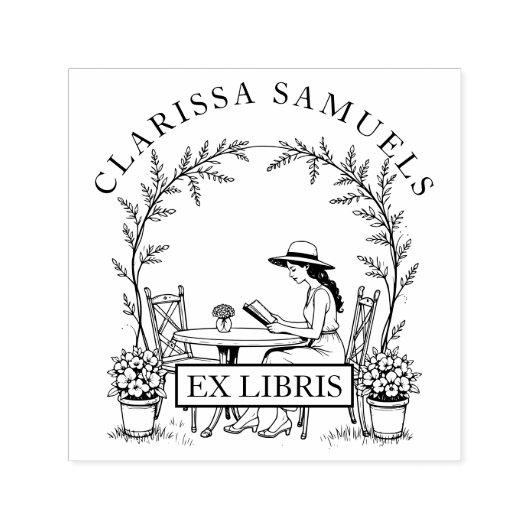 女性の読庭のテーブル花Hat Ex Libris セルフインキングスタンプ (デザイン)