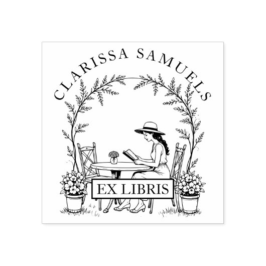 女性の読庭のテーブル花Hat Ex Libris ラバースタンプ (インプリント)