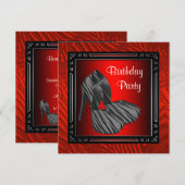 女性の赤いシマウマの誕生日パーティー 招待状 (正面/裏面)