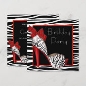 女性の赤いゼブラの誕生日パーティーの招待状 招待状 (正面/裏面)