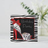 女性の赤いゼブラの誕生日パーティーの招待状 招待状 (スタンド正面)