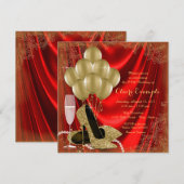 女性の赤と金の誕生日パーティーサテン グリッター 招待状 (正面/裏面)