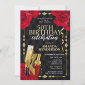女性の赤と金の誕生日 招待状 (正面)