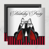 女性の赤と黒の誕生日パーティー 招待状 (正面/裏面)