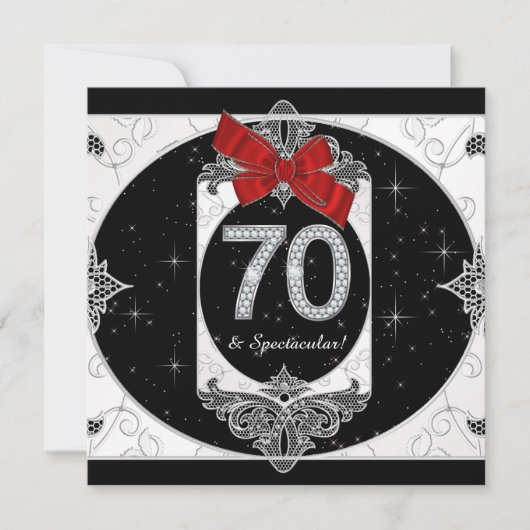 女性の赤と黒の70歳の誕生日パーティー 招待状 (正面)