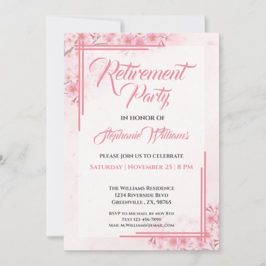 女性の退職パーティーエレガントピンクフローラ 招待状 (正面)