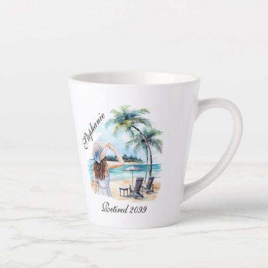 女性の退職ビーチをテーマにした水彩画 カフェラテマグ (右)
