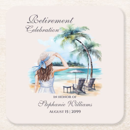 女性の退職ビーチをテーマにした水彩画 スクエアペーパーコースター (正面)