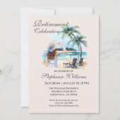 女性の退職ビーチをテーマにした水彩画 招待状 (正面)