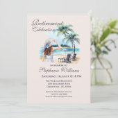 女性の退職ビーチをテーマにした水彩画 招待状 (スタンド正面)