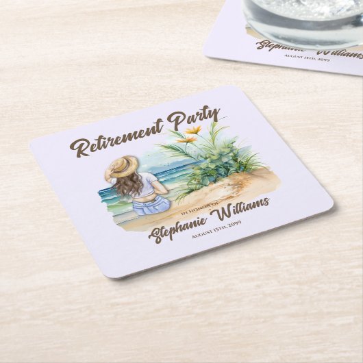 女性の退職ビーチテーマエレガント女性 スクエアペーパーコースター (アングル)