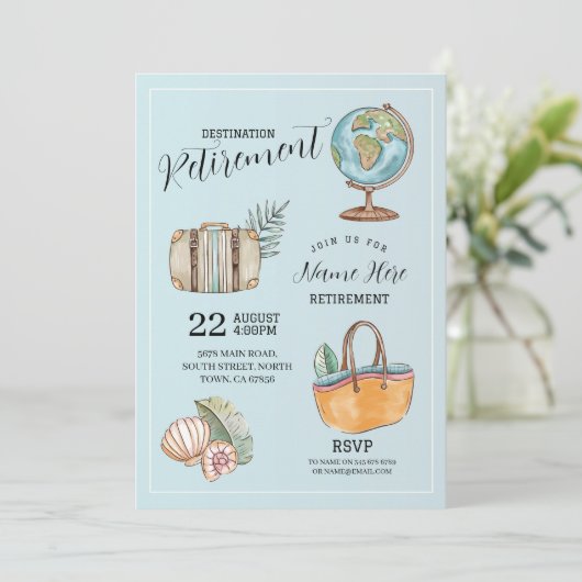 女性の退職旅行パーティーワールドスーツケース 招待状 (スタンド正面)