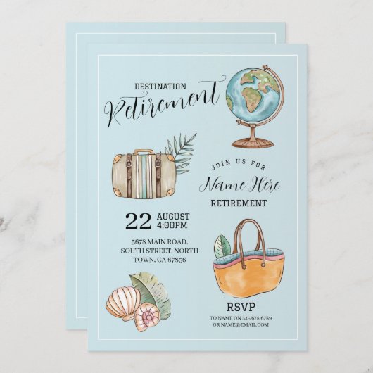 女性の退職旅行パーティーワールドスーツケース 招待状 (正面/裏面)