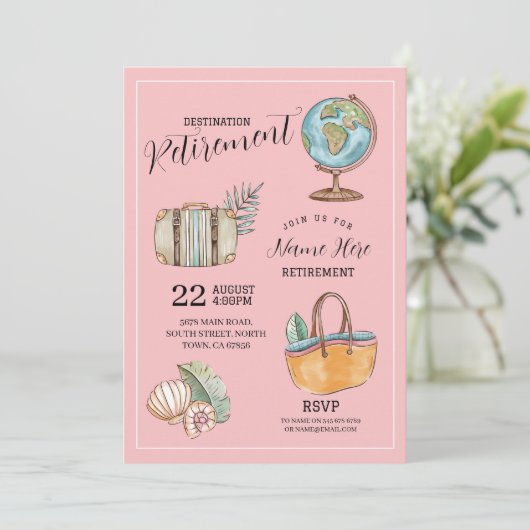 女性の退職旅行パーティー スーツケース ピンク 招待状 (スタンド正面)