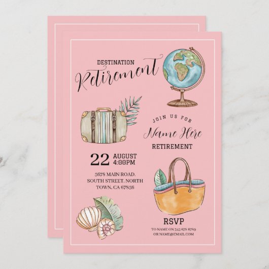 女性の退職旅行パーティー スーツケース ピンク 招待状 (正面/裏面)