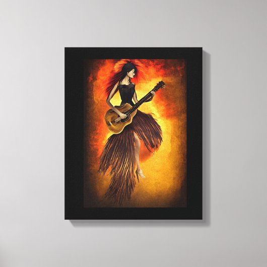 女性の遊ギターレッドスカイ抽象芸術オリジナルアート キャンバスプリント (正面)
