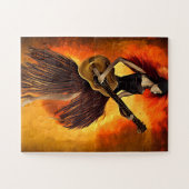 女性の遊ギターレッドスカイ抽象芸術オリジナルアート ジグソーパズル (横)