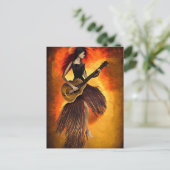 女性の遊ギターレッドスカイ抽象芸術オリジナルアート ポストカード (スタンド正面)