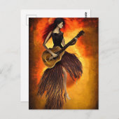 女性の遊ギターレッドスカイ抽象芸術オリジナルアート ポストカード (正面/裏面)