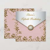 女性の金色とピンクの50歳の誕生日パーティー 招待状 (正面/裏面)