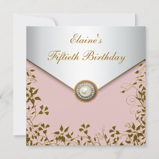 女性の金色とピンクの50歳の誕生日パーティー 招待状 (正面)