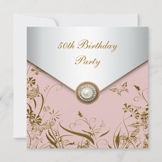 女性の金色の蝶の50歳の誕生日パーティー 招待状 (正面)