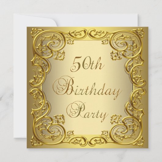 女性の金色の50歳の誕生日パーティー 招待状 (正面)