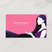 女性の長かわいらしい黒髪のシルエット |ピンク 名刺 (正面)