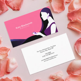 女性の長かわいらしい黒髪のシルエット |ピンク 名刺