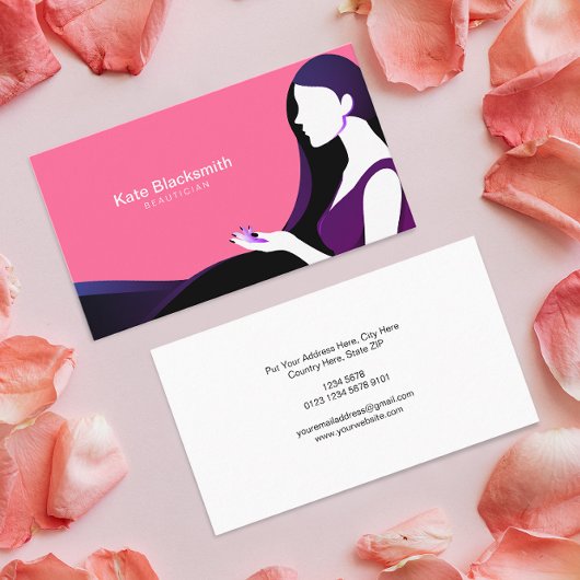 女性の長かわいらしい黒髪のシルエット |ピンク 名刺