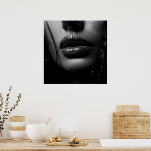 女性の開いた唇のクローズアップB&W写真 ポスター (キッチン)