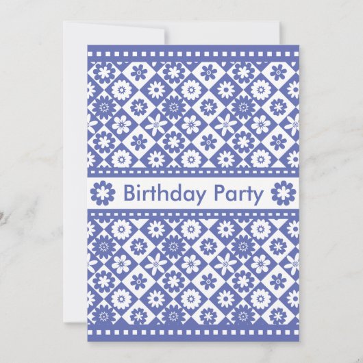 女性の青かわいらしと白の誕生日パーティー 招待状 (正面)