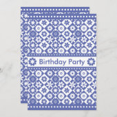 女性の青かわいらしと白の誕生日パーティー 招待状 (正面/裏面)