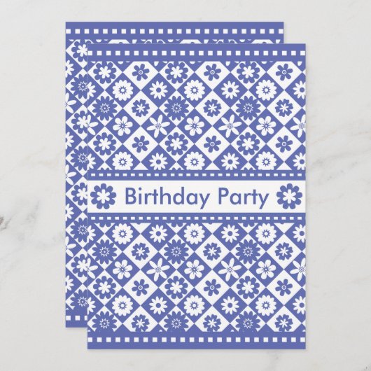 女性の青かわいらしと白の誕生日パーティー 招待状 (正面/裏面)