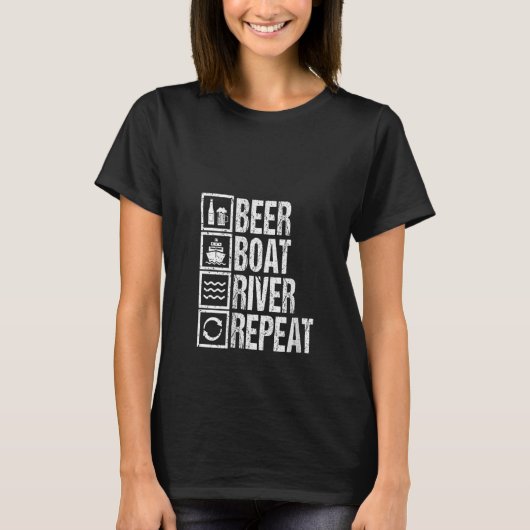女性の面白い飲み屋さん 川ヨットでビールを飲む B Tシャツ (正面)